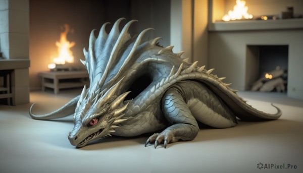 HQ,solo,open mouth,red eyes,tail,full body,lying,horns,teeth,indoors,blurry,from side,no humans,blurry background,fangs,table,fire,on stomach,sharp teeth,claws,colored sclera,monster,dragon,black sclera,scales,breathing fire,fireplace,chair,slit pupils,realistic,kaijuu