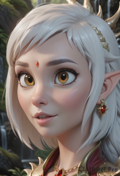 1girl,solo,long hair,looking at viewer,smile,open mouth,hair ornament,brown eyes,jewelry,yellow eyes,white hair,earrings,outdoors,parted lips,horns,teeth,pointy ears,artist name,water,necklace,armor,blurry,lips,eyelashes,blurry background,elf,shoulder armor,gem,portrait,close-up,pendant,freckles,realistic,nose,short hair,waterfall