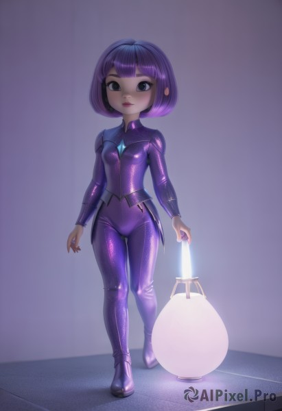 1girl,solo,breasts,looking at viewer,smile,short hair,bangs,holding,closed mouth,standing,full body,purple hair,small breasts,shiny,blunt bangs,black eyes,lips,bodysuit,bob cut,gem,skin tight,walking,shiny clothes,lantern,latex,purple bodysuit,latex bodysuit,multicolored hair,makeup,child,female child,purple footwear