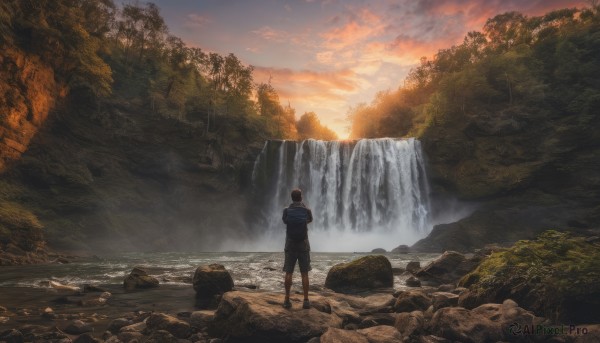 solo, 1boy, standing, male focus, outdoors, sky, cloud, hood, water, from behind, tree, nature, scenery, forest, sunset, rock, waterfall