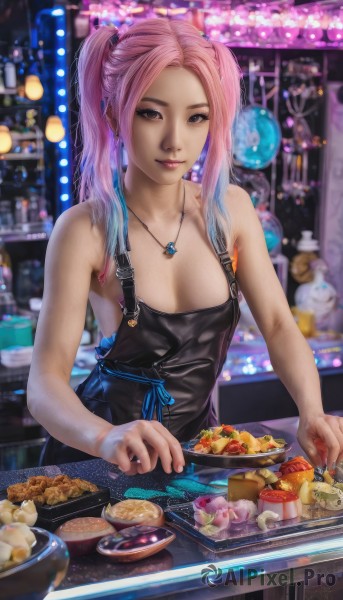 1girl,solo,long hair,breasts,looking at viewer,smile,bangs,cleavage,bare shoulders,twintails,brown eyes,jewelry,medium breasts,closed mouth,blue hair,collarbone,pink hair,multicolored hair,small breasts,food,indoors,necklace,blurry,apron,two-tone hair,lips,parted bangs,no bra,gradient hair,makeup,fruit,depth of field,blurry background,watermark,blue ribbon,web address,cake,realistic,nose,overalls,naked apron,cookie,kitchen,shop,black apron,upper body,artist name,signature,mole,bare arms,pendant,eyeshadow