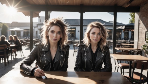 long hair,breasts,looking at viewer,smile,blue eyes,multiple girls,blonde hair,brown hair,long sleeves,holding,2girls,sitting,closed mouth,jacket,day,indoors,medium hair,lips,black jacket,window,chair,table,sunlight,plant,building,zipper,realistic,leather,leather jacket,restaurant,cafe,short hair,brown eyes,3girls,messy hair,desk,sun,pen,pencil,writing