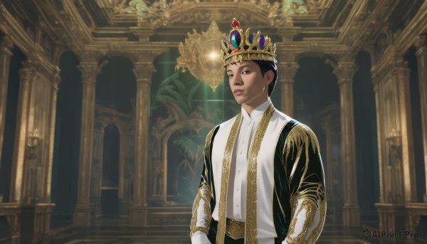 solo,looking at viewer,short hair,shirt,black hair,long sleeves,1boy,brown eyes,closed mouth,standing,white shirt,upper body,male focus,indoors,dark skin,black eyes,lips,dark-skinned male,crown,robe,candle,pillar,statue,chandelier,parted lips,gem,very short hair,arch,column