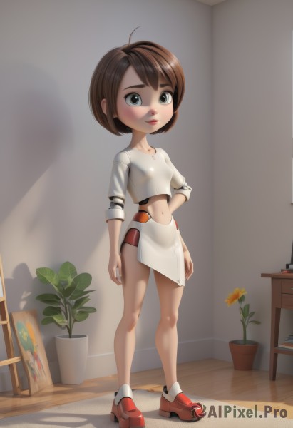 1girl,solo,breasts,looking at viewer,smile,short hair,bangs,skirt,brown hair,shirt,long sleeves,navel,closed mouth,standing,full body,white shirt,flower,small breasts,shoes,socks,midriff,indoors,miniskirt,lips,crop top,hand on hip,grey eyes,shadow,white skirt,plant,red footwear,yellow flower,potted plant,vase,blue eyes