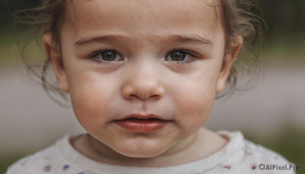 1girl,solo,looking at viewer,short hair,brown hair,shirt,brown eyes,closed mouth,white shirt,parted lips,blurry,lips,depth of field,blurry background,child,portrait,close-up,realistic,nose,female child,old woman,eyelashes