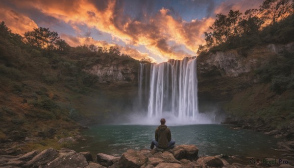 solo, brown hair, 1boy, sitting, male focus, outdoors, sky, cloud, water, from behind, tree, cloudy sky, nature, scenery, sunset, indian style, waterfall