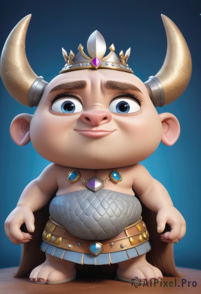 solo,looking at viewer,smile,blue eyes,brown hair,1boy,jewelry,closed mouth,standing,full body,male focus,horns,belt,artist name,necklace,cape,armor,lips,blue background,crown,gem,furry,furry male,male child,fat,nail polish,cosplay,parody,sandals,toenails,realistic,nose,fake horns,fat man,blue gemstone