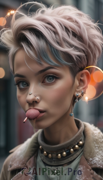 1girl,solo,looking at viewer,short hair,blue eyes,jewelry,jacket,white hair,grey hair,multicolored hair,earrings,artist name,necklace,blurry,lips,grey eyes,fur trim,eyelashes,makeup,depth of field,blurry background,mouth hold,piercing,ear piercing,portrait,candy,freckles,lollipop,realistic,nose,nose piercing,eyebrow piercing,linked piercing,bangs,shirt,upper body,parted lips,food,buttons,watermark,web address,lens flare,fur collar,brown jacket,glint,bokeh,pearl necklace