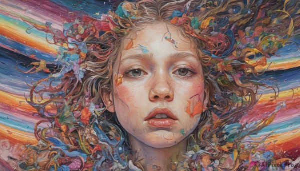 1girl,solo,long hair,looking at viewer,brown hair,brown eyes,flower,parted lips,teeth,water,lips,floating hair,traditional media,looking up,plant,portrait,painting (medium),colorful,surreal,abstract,leaf,realistic,nose