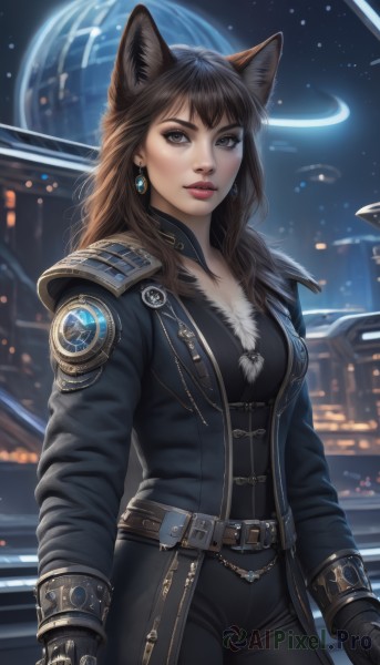 1girl,solo,long hair,breasts,looking at viewer,bangs,brown hair,black hair,gloves,long sleeves,animal ears,cleavage,brown eyes,jewelry,medium breasts,standing,jacket,cowboy shot,earrings,open clothes,sky,black gloves,belt,pants,artist name,cat ears,fingerless gloves,armor,lips,coat,fur trim,makeup,night,black pants,moon,star (sky),night sky,nose,leather,holding,closed mouth,weapon,outdoors,sword,holding weapon,open jacket,black jacket,fox ears,holding sword,shoulder armor,realistic,red lips