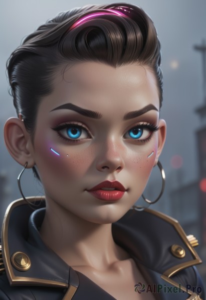 1girl,solo,looking at viewer,short hair,blue eyes,brown hair,black hair,jewelry,collarbone,jacket,earrings,parted lips,mole,blurry,lips,black jacket,eyelashes,mole under eye,makeup,blurry background,lipstick,portrait,close-up,forehead,eyeshadow,freckles,hoop earrings,realistic,nose,red lips,eyeliner,undercut,hair pulled back,mascara,upper body,open clothes,artist name,depth of field,backlighting,asymmetrical hair,earpiece