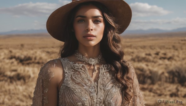 1girl,solo,long hair,breasts,looking at viewer,blue eyes,brown hair,black hair,hat,dress,brown eyes,upper body,outdoors,parted lips,sky,sleeveless,choker,day,cloud,white dress,blurry,blue sky,lips,depth of field,blurry background,wavy hair,freckles,sun hat,realistic,nose,brown headwear,field,jewelry,medium breasts,closed mouth,necklace,thick eyebrows,cloudy sky