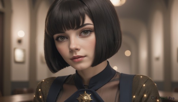 1girl,solo,looking at viewer,short hair,bangs,black hair,brown eyes,closed mouth,upper body,artist name,indoors,blunt bangs,blurry,lips,eyelashes,makeup,depth of field,blurry background,bob cut,brooch,portrait,freckles,realistic,nose,blush,thick eyebrows,light smile