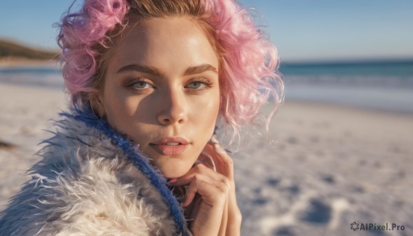 1girl, solo, looking at viewer, short hair, blue eyes, pink hair, multicolored hair, outdoors, parted lips, day, blurry, lips, fur trim, blurry background, ocean, beach, portrait, realistic, nose