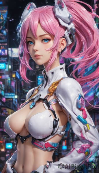 1girl,solo,long hair,breasts,looking at viewer,bangs,blue eyes,large breasts,hair ornament,navel,cleavage,medium breasts,closed mouth,upper body,ponytail,pink hair,sidelocks,outdoors,midriff,lips,bodysuit,headgear,blush,long sleeves,hair between eyes,twintails,artist name,signature,stomach,armor,blurry,from side,hand on hip,clothing cutout,eyelashes,night,blurry background,expressionless,building,science fiction,city