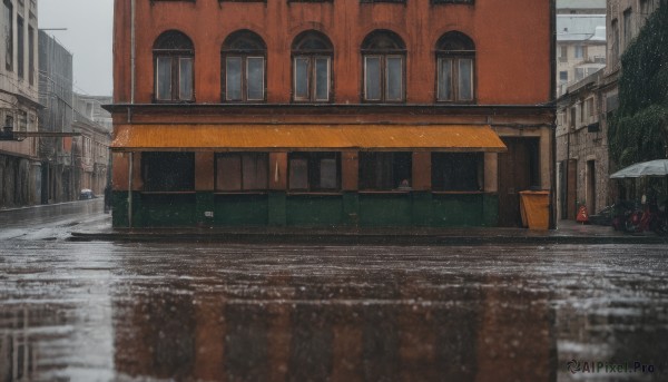 outdoors,sky,day,water,tree,no humans,window,umbrella,ground vehicle,building,scenery,motor vehicle,reflection,rain,city,car,road,house,lamppost,street,puddle,reflective water,traffic cone,1girl,solo,holding umbrella,door