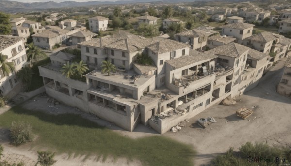 outdoors,sky,day,water,tree,no humans,grass,building,nature,scenery,stairs,city,road,cityscape,house,river,cloud,from above,plant,ruins,landscape,town