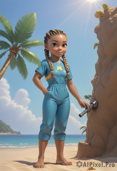 1girl,solo,long hair,breasts,looking at viewer,smile,brown hair,shirt,black hair,holding,twintails,brown eyes,standing,full body,weapon,braid,short sleeves,small breasts,outdoors,sky,barefoot,day,pants,cloud,dark skin,water,twin braids,feet,dark-skinned female,tree,blue sky,lips,gun,toes,shadow,ocean,beach,blue shirt,child,hand in pocket,sand,palm tree,sun,horizon,female child,overalls,crab,closed mouth,artist name,hand on hip,low twintails,sunlight,hair over shoulder,forehead,light rays,nose,sunbeam,dirty,shell,seashell,coconut,thick lips