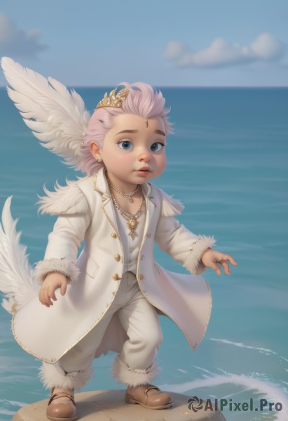 solo,looking at viewer,blue eyes,long sleeves,1boy,jewelry,standing,full body,white shirt,pink hair,white hair,male focus,earrings,outdoors,parted lips,wings,sky,shoes,day,pants,artist name,cloud,water,necklace,vest,blue sky,coat,fur trim,blurry background,ocean,beach,brown footwear,ring,feathers,child,open coat,white pants,sand,horizon,white coat,male child,1girl,lips,tiara,aged down