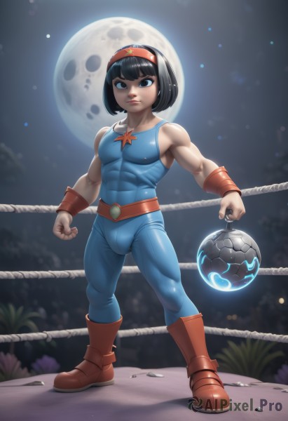 1girl,solo,looking at viewer,short hair,bangs,blue eyes,black hair,1boy,holding,bare shoulders,jewelry,standing,full body,male focus,hairband,boots,outdoors,sky,sleeveless,belt,artist name,blunt bangs,necklace,lips,bodysuit,muscular,night,watermark,brown footwear,abs,moon,bob cut,wristband,clenched hand,star (sky),genderswap,night sky,skin tight,web address,full moon,clenched hands,bulge,rock,nose,muscular female,bracer,genderswap (ftm),biceps,superhero,blue bodysuit,moonlight,covered abs,deviantart username,cosplay,spandex