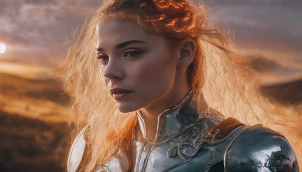 1girl,solo,long hair,looking at viewer,blue eyes,blonde hair,closed mouth,upper body,outdoors,sky,cloud,orange hair,armor,blurry,lips,eyelashes,blurry background,wavy hair,shoulder armor,portrait,freckles,curly hair,pauldrons,breastplate,realistic,nose,plate armor,sunlight,cloudy sky,fire,wind,veil,sunset,sun