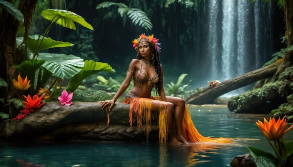 HQ,1girl,solo,long hair,breasts,skirt,large breasts,brown hair,black hair,hair ornament,navel,cleavage,bare shoulders,jewelry,medium breasts,sitting,very long hair,swimsuit,flower,bikini,outdoors,barefoot,hair flower,dark skin,water,necklace,dark-skinned female,tree,lips,wet,bare legs,leaf,plant,nature,scenery,armlet,forest,rock,realistic,sarong,soaking feet,river,waterfall,moss,pond,brown eyes,earrings,day,midriff,looking away,sunlight