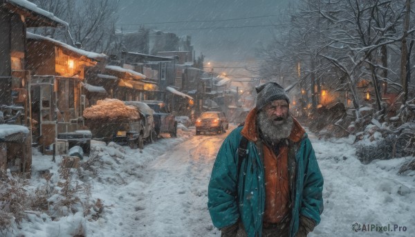 solo,1boy,hat,jacket,male focus,outdoors,sky,tree,coat,facial hair,fire,ground vehicle,building,scenery,motor vehicle,beard,snow,rain,snowing,city,realistic,hands in pockets,fence,mustache,beanie,winter clothes,car,house,winter,power lines,lamppost,bare tree,utility pole,grey sky,black headwear,blue jacket