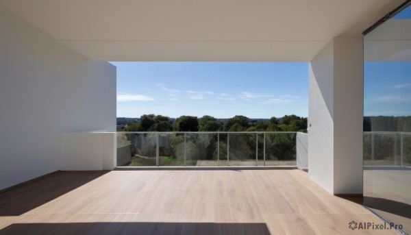 outdoors,sky,day,cloud,indoors,water,tree,blue sky,no humans,window,shadow,ocean,building,scenery,fence,door,horizon,wooden floor,tiles,wall