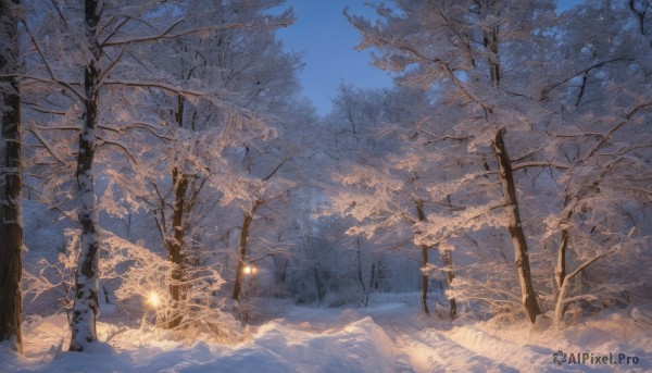 outdoors,sky,day,tree,blue sky,no humans,nature,scenery,snow,forest,road,winter,bare tree,solo,coat,sunlight,light