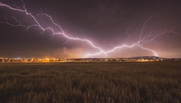 outdoors,sky,cloud,no humans,night,cloudy sky,grass,building,night sky,scenery,sunset,city,horizon,electricity,cityscape,field,lightning,landscape,city lights,tree,dark,hill