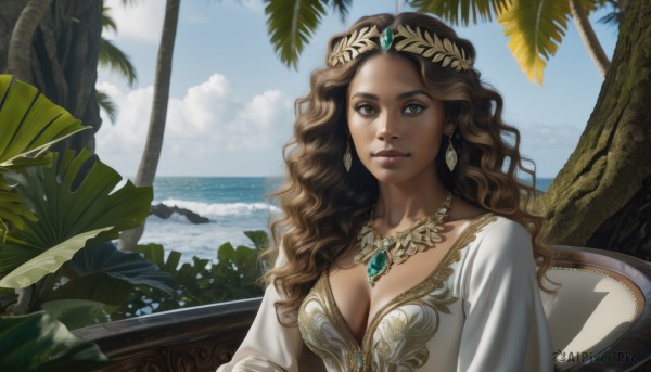 1girl,solo,long hair,breasts,looking at viewer,brown hair,dress,cleavage,brown eyes,jewelry,medium breasts,sitting,upper body,earrings,outdoors,sky,day,cloud,dark skin,water,necklace,white dress,dark-skinned female,tree,blue sky,lips,ocean,leaf,wavy hair,chair,beach,tiara,plant,gem,curly hair,realistic,nose,palm tree,horizon,diadem,smile,closed mouth,window,sunlight,pendant,waves