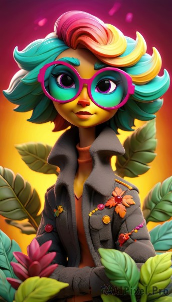 1girl,solo,looking at viewer,smile,short hair,shirt,gloves,closed mouth,blue hair,jacket,upper body,pink hair,flower,red hair,multicolored hair,green hair,open clothes,glasses,artist name,two-tone hair,open jacket,lips,black jacket,eyelashes,makeup,colored skin,leaf,watermark,sunglasses,lipstick,furry,eyeshadow,personification,hands in pockets,round eyewear,furry female,leather,tinted eyewear,badge,leather jacket,button badge,pink-framed eyewear,yellow-framed eyewear,rainbow hair,pink-tinted eyewear,blue eyes,blonde hair,long sleeves,purple eyes,coat,aqua hair,turtleneck,plant,pink flower,zipper,pocket,pink lips,nose,green skin