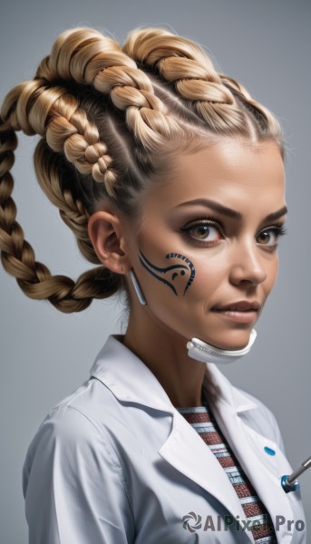 1girl,solo,looking at viewer,smile,blonde hair,simple background,brown hair,shirt,brown eyes,jewelry,closed mouth,upper body,braid,multicolored hair,earrings,dark skin,grey background,twin braids,two-tone hair,dark-skinned female,lips,gradient,gradient background,tattoo,facial mark,portrait,forehead,headset,realistic,nose,labcoat,facepaint,facial tattoo,dreadlocks,earpiece,multiple braids,long hair,necktie,hair rings,very dark skin