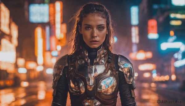 1girl,solo,long hair,looking at viewer,brown hair,black hair,brown eyes,upper body,parted lips,dark skin,armor,blurry,dark-skinned female,lips,bodysuit,blurry background,shoulder armor,science fiction,breastplate,realistic,nose,very dark skin,power armor,cyberpunk,dreadlocks,blue eyes,closed mouth,depth of field,forehead,backlighting,curly hair