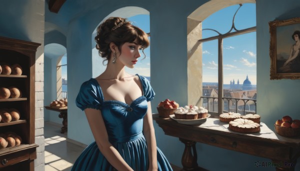 1girl,solo,breasts,short hair,bangs,brown hair,dress,cleavage,brown eyes,jewelry,medium breasts,closed mouth,standing,collarbone,braid,short sleeves,earrings,outdoors,food,sky,day,puffy sleeves,cloud,indoors,hair bun,blue sky,puffy short sleeves,lips,looking to the side,window,profile,makeup,fruit,blue dress,chair,looking away,table,single hair bun,tiara,lipstick,building,v arms,apple,basket,red lips,bread,castle,painting (object),balcony,blush,hair ornament,artist name,signature,bird,own hands together,scenery,cake,cityscape,pastry