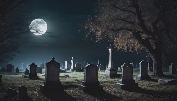 outdoors,sky,cloud,tree,no humans,night,moon,grass,cross,building,night sky,scenery,full moon,bare tree,castle,moonlight,tombstone,graveyard,grave,from behind,cloak,dark,ambiguous gender