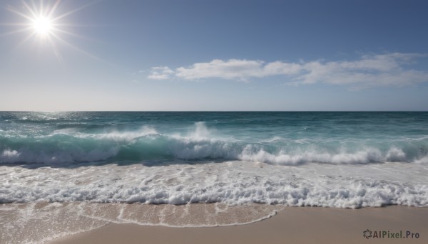 outdoors,sky,day,cloud,water,blue sky,no humans,ocean,beach,scenery,sand,sun,horizon,waves,shore,military,sunlight,vehicle focus