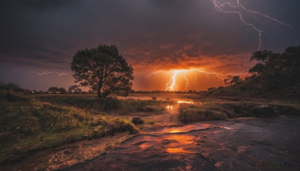 outdoors,sky,cloud,water,tree,no humans,sunlight,cloudy sky,grass,building,nature,scenery,forest,reflection,sunset,sun,electricity,road,ruins,river,lightning,landscape,fire,dark