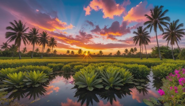 flower, outdoors, sky, cloud, water, tree, no humans, cloudy sky, plant, nature, scenery, reflection, sunset, palm tree