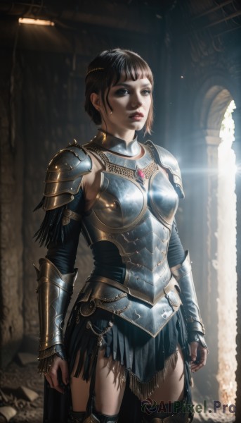 1girl,solo,breasts,short hair,bangs,blue eyes,skirt,black hair,thighhighs,gloves,jewelry,standing,cowboy shot,boots,black thighhighs,indoors,blunt bangs,armor,black eyes,lips,thigh boots,sunlight,shoulder armor,gauntlets,gem,clenched hands,pauldrons,light rays,breastplate,realistic,arms at sides,pillar,brown hair,brown eyes,earrings