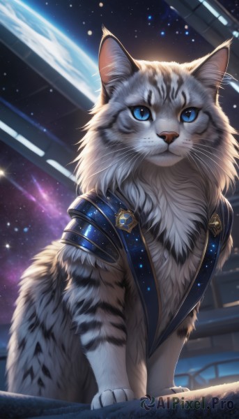 solo,blue eyes,closed mouth,sky,signature,armor,no humans,animal,cat,star (sky),starry sky,space,animal focus,white fur,planet,whiskers,earth (planet),looking at viewer,artist name,shoulder armor