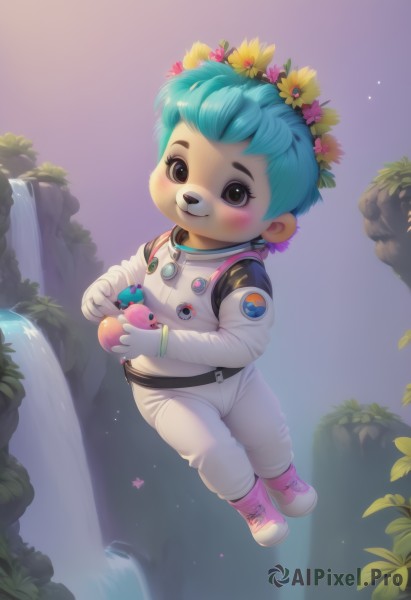 1girl,solo,looking at viewer,blush,smile,short hair,hair ornament,gloves,holding,brown eyes,blue hair,full body,flower,outdoors,food,shoes,white gloves,hair flower,water,black eyes,aqua hair,fruit,child,female child,head wreath,badge,waterfall,baby,spacesuit,astronaut,blue eyes,1boy,animal ears,male focus,boots,teeth,leaf,furry,furry male