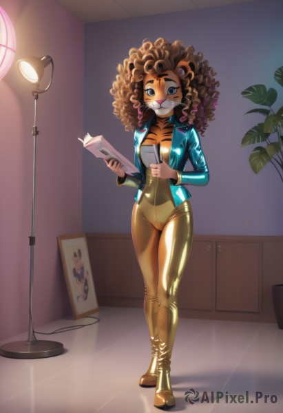 1girl,solo,long hair,breasts,looking at viewer,smile,blue eyes,brown hair,long sleeves,holding,animal ears,closed mouth,standing,jacket,full body,multicolored hair,small breasts,open clothes,glasses,shiny,indoors,signature,dark skin,open jacket,dark-skinned female,book,bodysuit,cameltoe,thick eyebrows,plant,animal print,blue jacket,skin tight,furry,holding book,cropped jacket,curly hair,shiny clothes,open book,round eyewear,furry female,tiles,reading,potted plant,lamp,tiger ears,leather,big hair,rimless eyewear,latex,animal nose,tiger,snout,tiger girl,latex bodysuit,yellow bodysuit,mask,shadow,whiskers