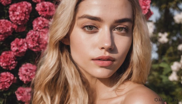 1girl,solo,long hair,looking at viewer,blonde hair,hair ornament,bare shoulders,brown eyes,closed mouth,collarbone,flower,hair flower,blurry,lips,eyelashes,makeup,depth of field,blurry background,portrait,pink flower,freckles,realistic,nose,brown hair,parted lips,thick eyebrows,close-up