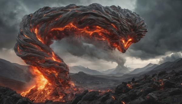 outdoors, sky, cloud, no humans, glowing, cloudy sky, fire, glowing eyes, monster, mountain, molten rock, kaijuu