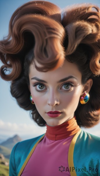 1girl,solo,looking at viewer,short hair,brown hair,shirt,brown eyes,jewelry,closed mouth,green eyes,upper body,earrings,outdoors,sky,day,artist name,medium hair,blurry,blue sky,lips,eyelashes,makeup,blurry background,lipstick,portrait,freckles,curly hair,pink shirt,realistic,nose,red lips,cloud,signature,depth of field,mountain,big hair