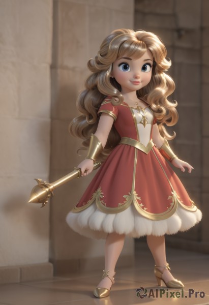 1girl,solo,long hair,breasts,looking at viewer,smile,blue eyes,blonde hair,brown hair,dress,holding,jewelry,closed mouth,standing,full body,weapon,short sleeves,small breasts,necklace,high heels,bracelet,lips,wavy hair,red dress,staff,child,curly hair,gold trim,wand,shoes,aged down,female child