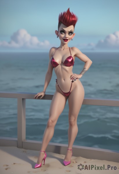 1girl,solo,breasts,looking at viewer,smile,short hair,navel,cleavage,brown eyes,jewelry,medium breasts,standing,collarbone,swimsuit,full body,bikini,red hair,earrings,outdoors,sky,day,cloud,water,nail polish,blurry,black eyes,high heels,blue sky,lips,hand on hip,tattoo,makeup,blurry background,ocean,highleg,beach,lipstick,red bikini,contrapposto,pink footwear,horizon,red lips,highleg swimsuit,highleg bikini,stiletto heels,green eyes,shoes,spiked hair,mohawk