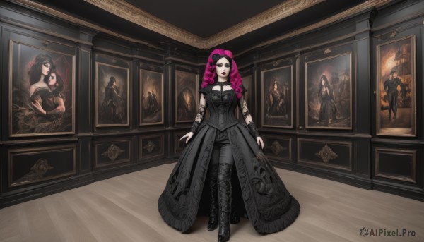 1girl,solo,long hair,breasts,looking at viewer,black hair,thighhighs,dress,bare shoulders,jewelry,medium breasts,standing,full body,pink hair,purple hair,flower,pantyhose,multicolored hair,earrings,boots,sleeveless,solo focus,choker,pants,indoors,nail polish,black footwear,black dress,two-tone hair,lips,tattoo,makeup,rose,thigh boots,black choker,drill hair,black pants,knee boots,lipstick,black nails,twin drills,eyeshadow,cross-laced footwear,walking,lolita fashion,long dress,gothic lolita,lace-up boots,red lips,arm tattoo,painting (object),black flower,gothic,black lips,black rose,hat,cleavage,black eyes,high heels,sunglasses,fishnets,corset,wooden floor,black theme,portrait (object)