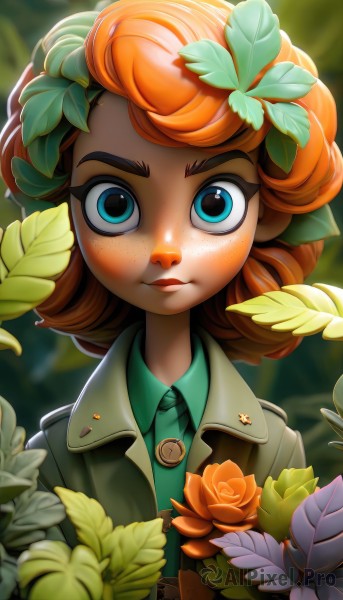 1girl,solo,looking at viewer,short hair,bangs,blue eyes,brown hair,shirt,hair ornament,closed mouth,jacket,upper body,flower,red hair,outdoors,collared shirt,artist name,orange hair,blurry,lips,eyelashes,buttons,blurry background,leaf,thick eyebrows,plant,freckles,curly hair,wide-eyed,green shirt,leaf hair ornament,uniform,military,military uniform,leaf on head